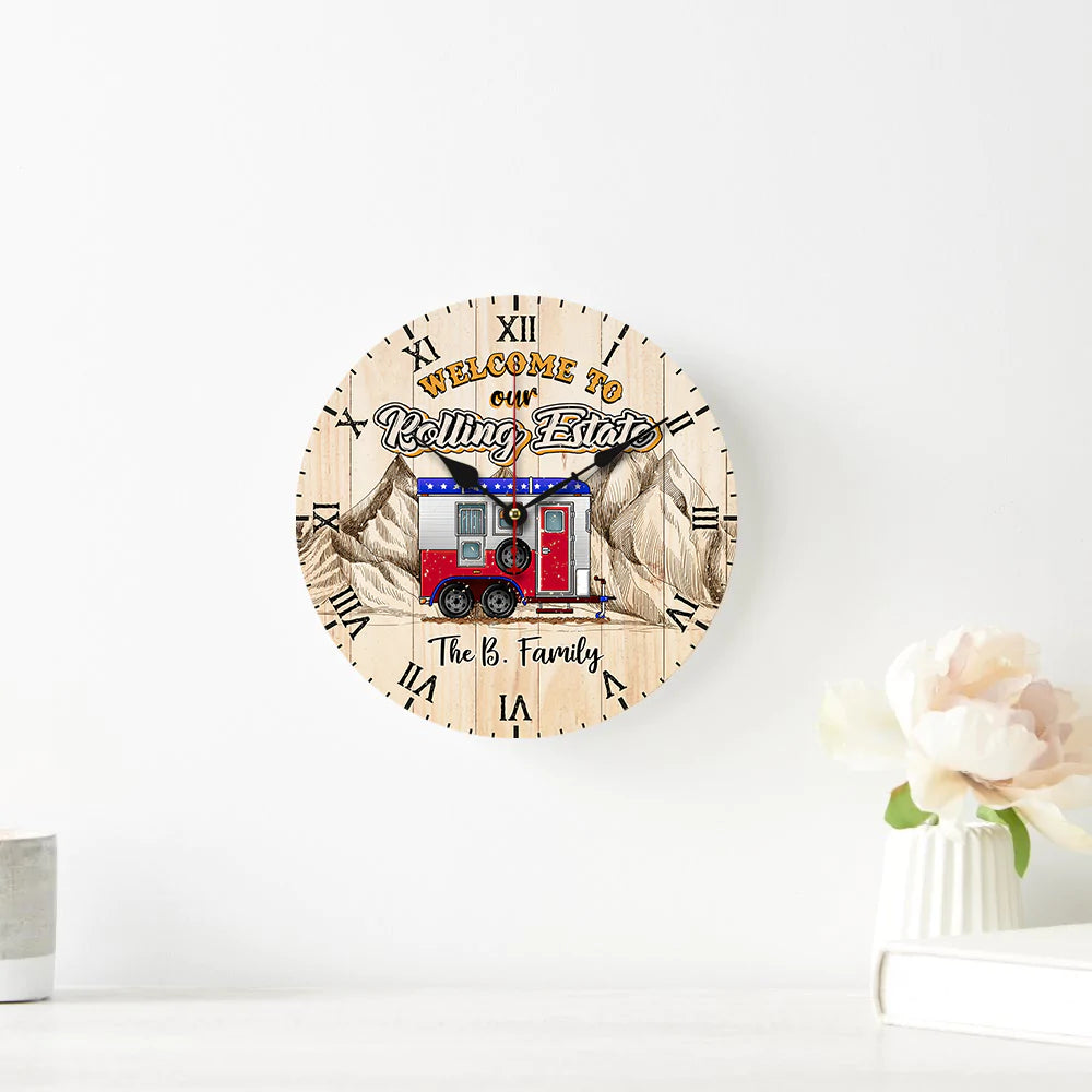 Personalized Welcome To Our Rolling Estate Camping Couple Wall Wooden Clock, Gift For Camping Lovers CHI-YEN