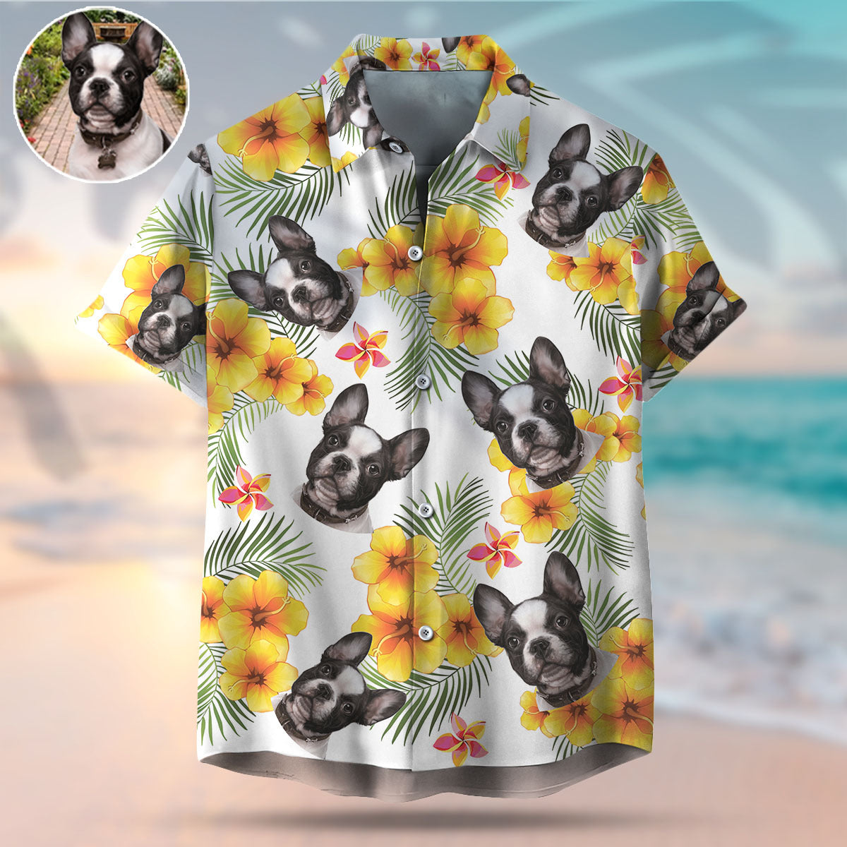 Custom Pet Face Photo White Hawaiian Shirt, Yellow Hibiscus