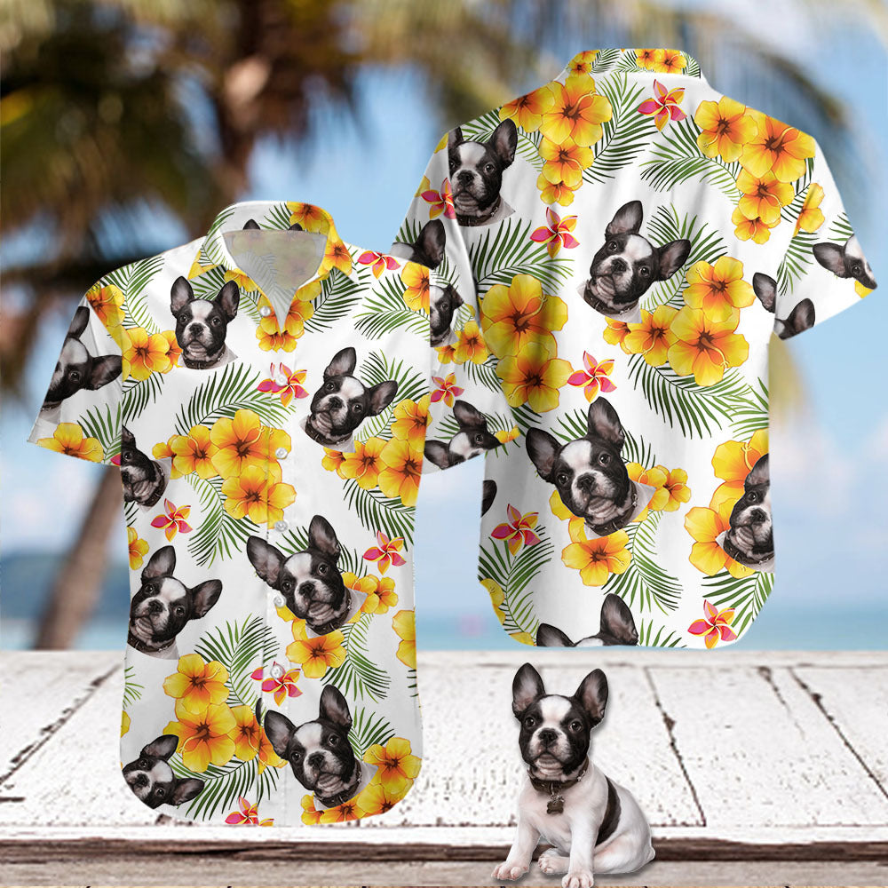 Custom Pet Face Photo White Hawaiian Shirt, Yellow Hibiscus