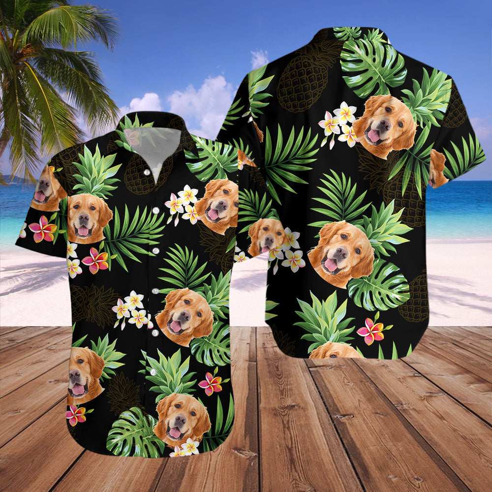 Custom Pet Face Photo Black Hawaiian Shirt, Palm Leaves Tropical