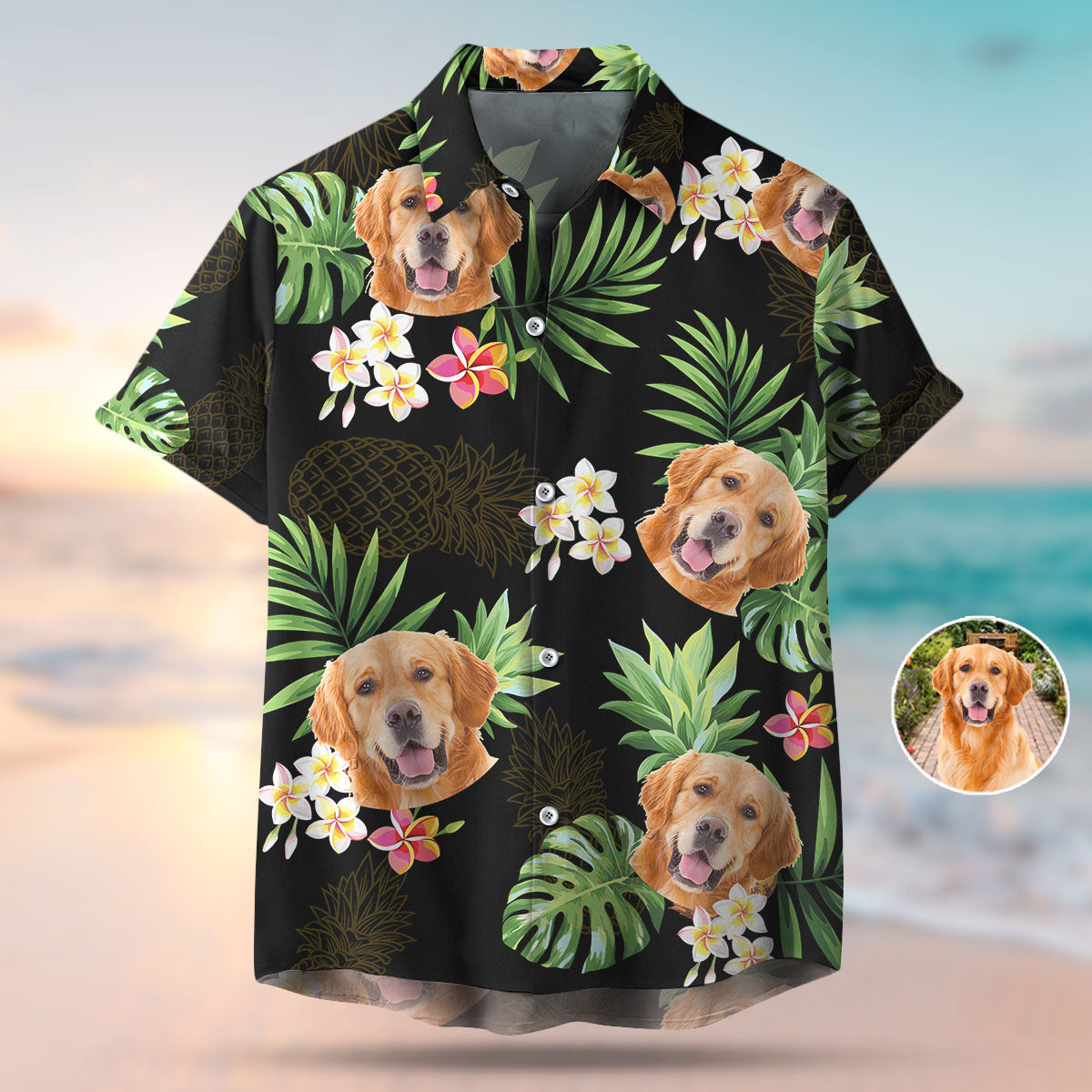 Custom Pet Face Photo Black Hawaiian Shirt, Palm Leaves Tropical