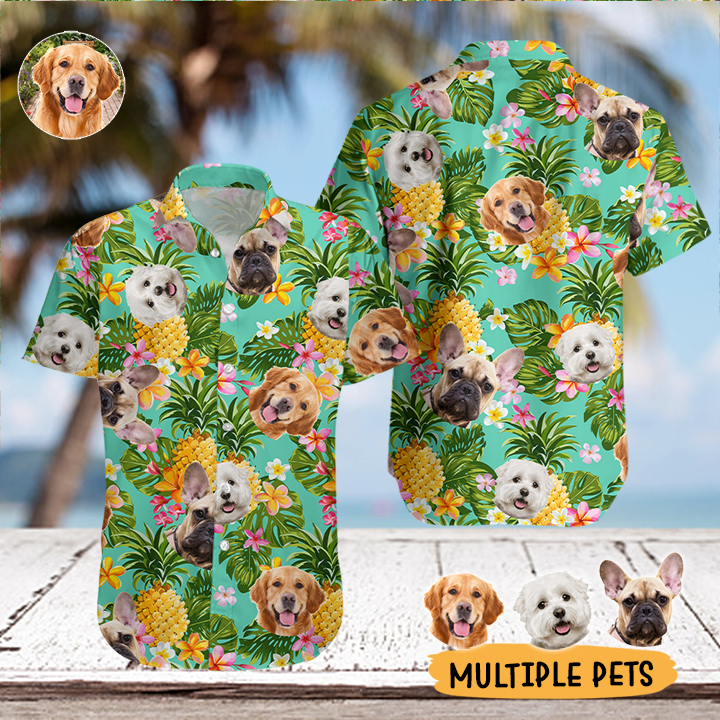 Custom Pet Face Photo Turquoise Hawaiian Shirt, Pineapple Tropical