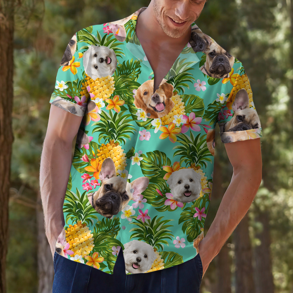 Custom Pet Face Photo Turquoise Hawaiian Shirt, Pineapple Tropical