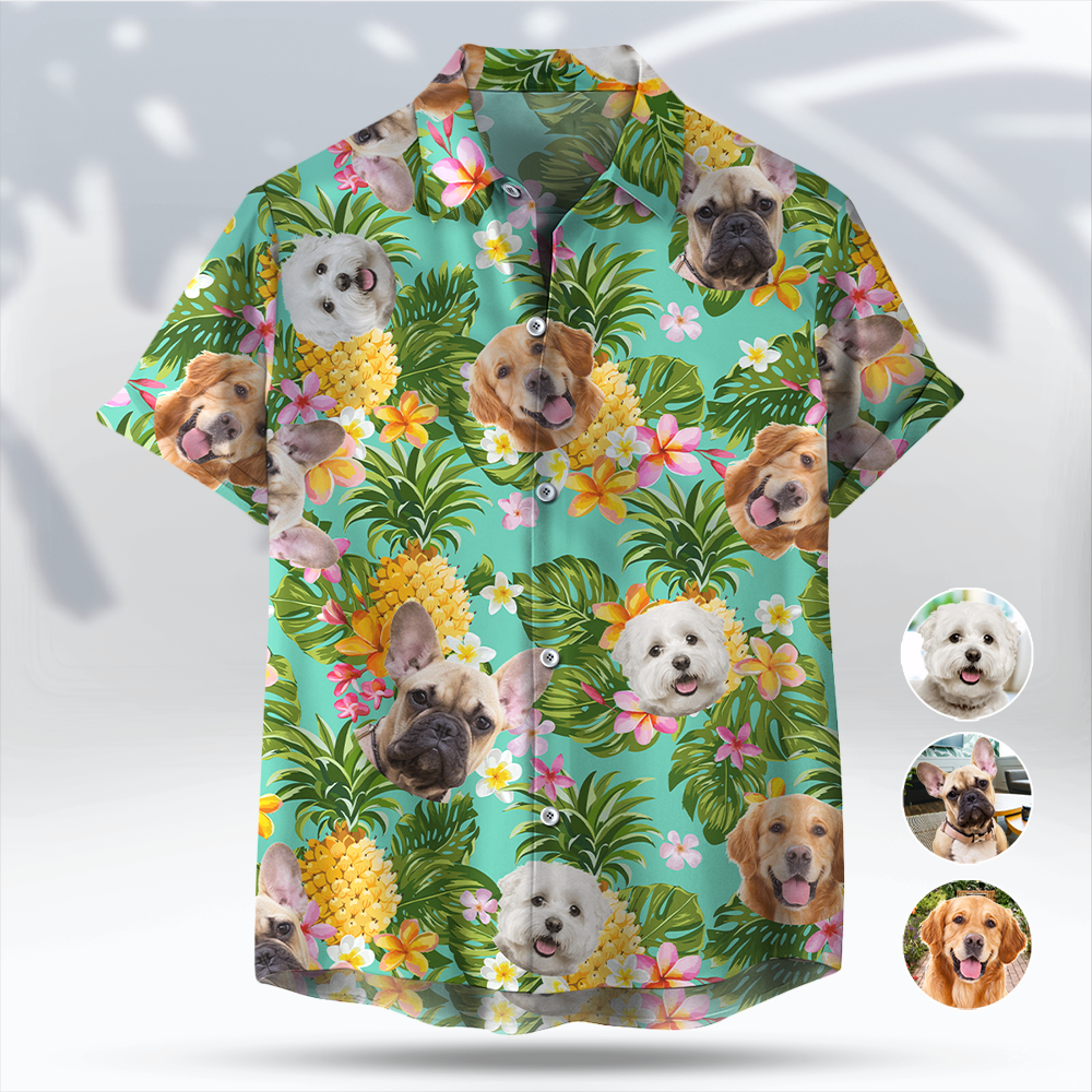 Custom Pet Face Photo Turquoise Hawaiian Shirt, Pineapple Tropical