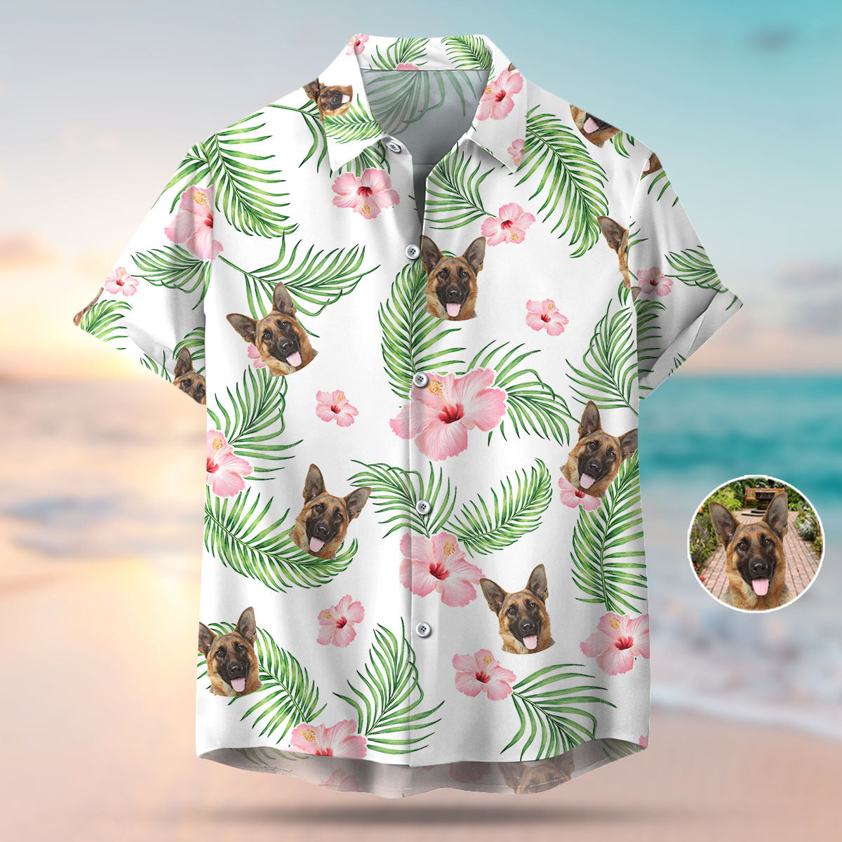 Custom Pet Face Photo White Hawaiian Shirt, Palm Leaves