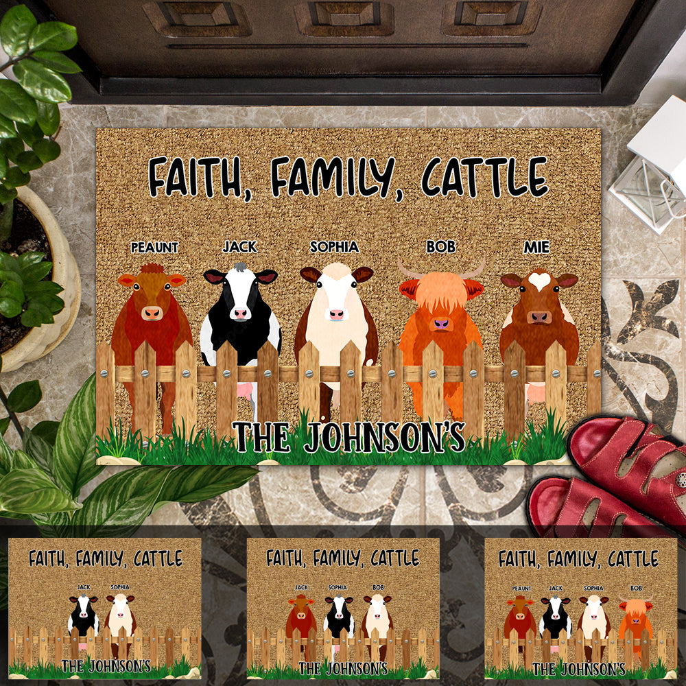 Faith, Family, Cattle - Personalized Doormat, Cow Lovers Gift