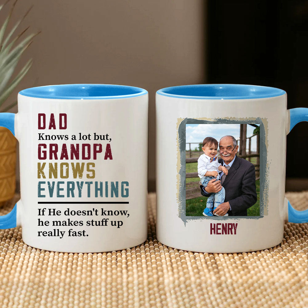 Dads Know A Lot But Grandpa Knows Everything Customized Grandpa Photo With Name Personalized Mug