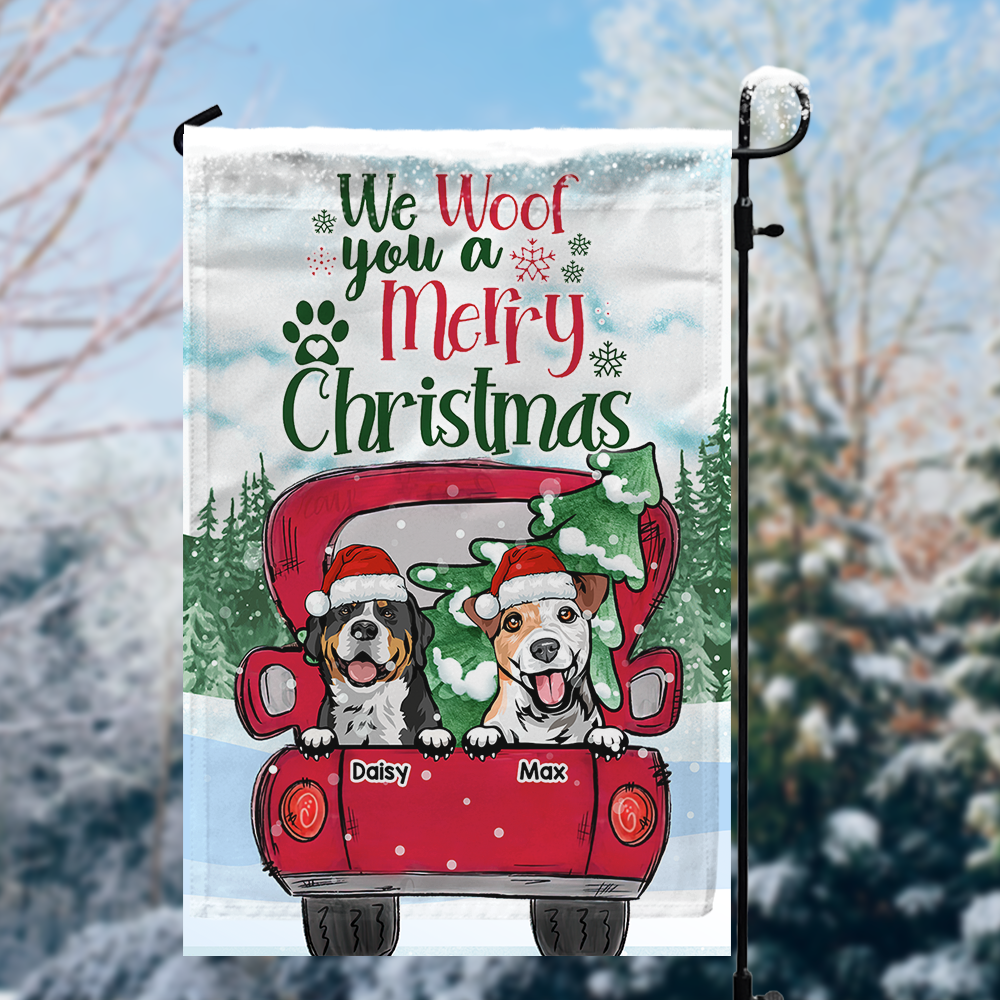 We Woof You A Merry Christmas Red Truck Personalized Dog Flag, Christmas House Decor CHI-YEN