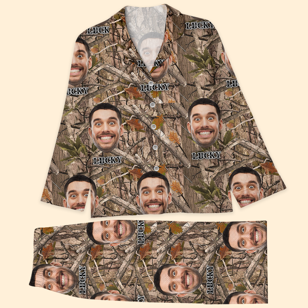 Personalized Custom Face Husband Wife Camo Hunting Pattern Pajamas Set, Funny Gift For Hunting Lover CHI-YEN