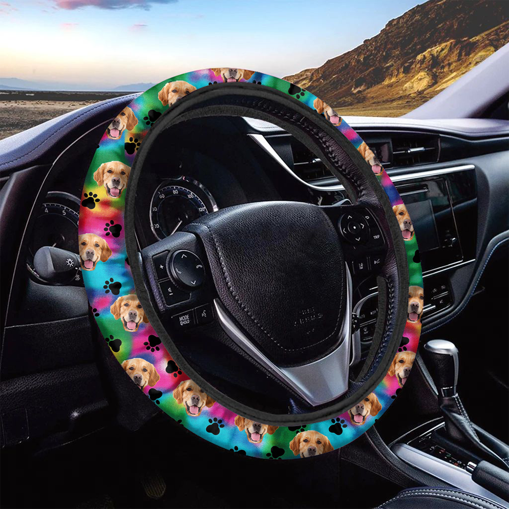 Custom Hologram Tie Dye Photo Dog Cat Car Steering Wheel Cover, Pet Lover Gift JonxiFon