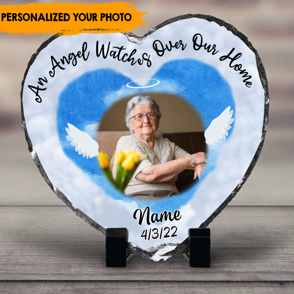 An Angel Watches Over Our Home - Personalized Heart-Shape Photo Slate, Memorial Gift For Loved Ones