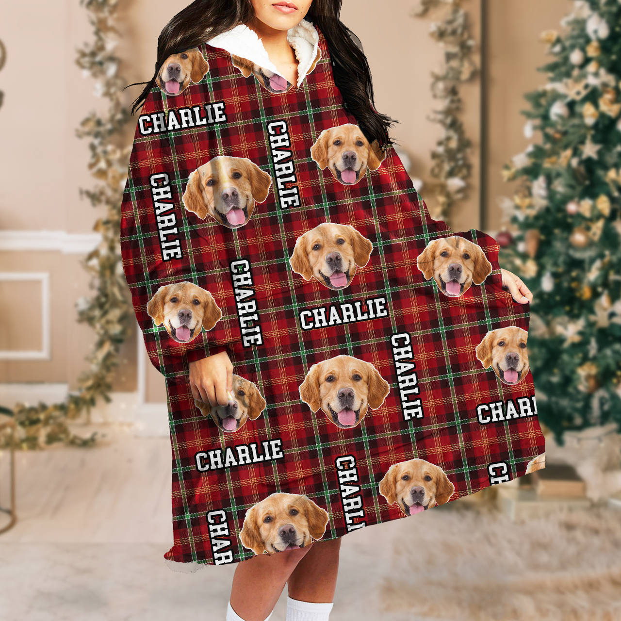 Personalized Blanket Hoodie - Gift For Pet Lovers - Buffalo Plaid Pattern With Photo