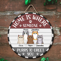 Thumbnail for Home Is Where Someone Purrs To Greet - Funny Door Sign For Cat Lovers - Jonxifon