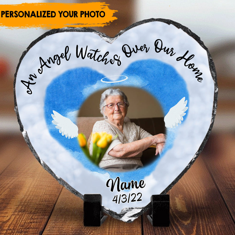 An Angel Watches Over Our Home - Personalized Heart-Shape Photo Slate, Memorial Gift For Loved Ones