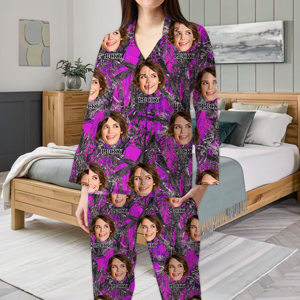 Personalized Custom Face Husband Wife Camo Hunting Pattern Pajamas Set, Funny Gift For Hunting Lover CHI-YEN