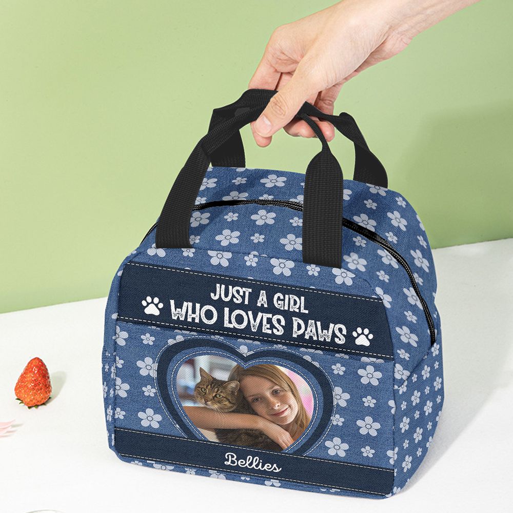 Personalized Photo Just A Girl Who Loves Paws Lunch Bag, Gift For Pet Lovers