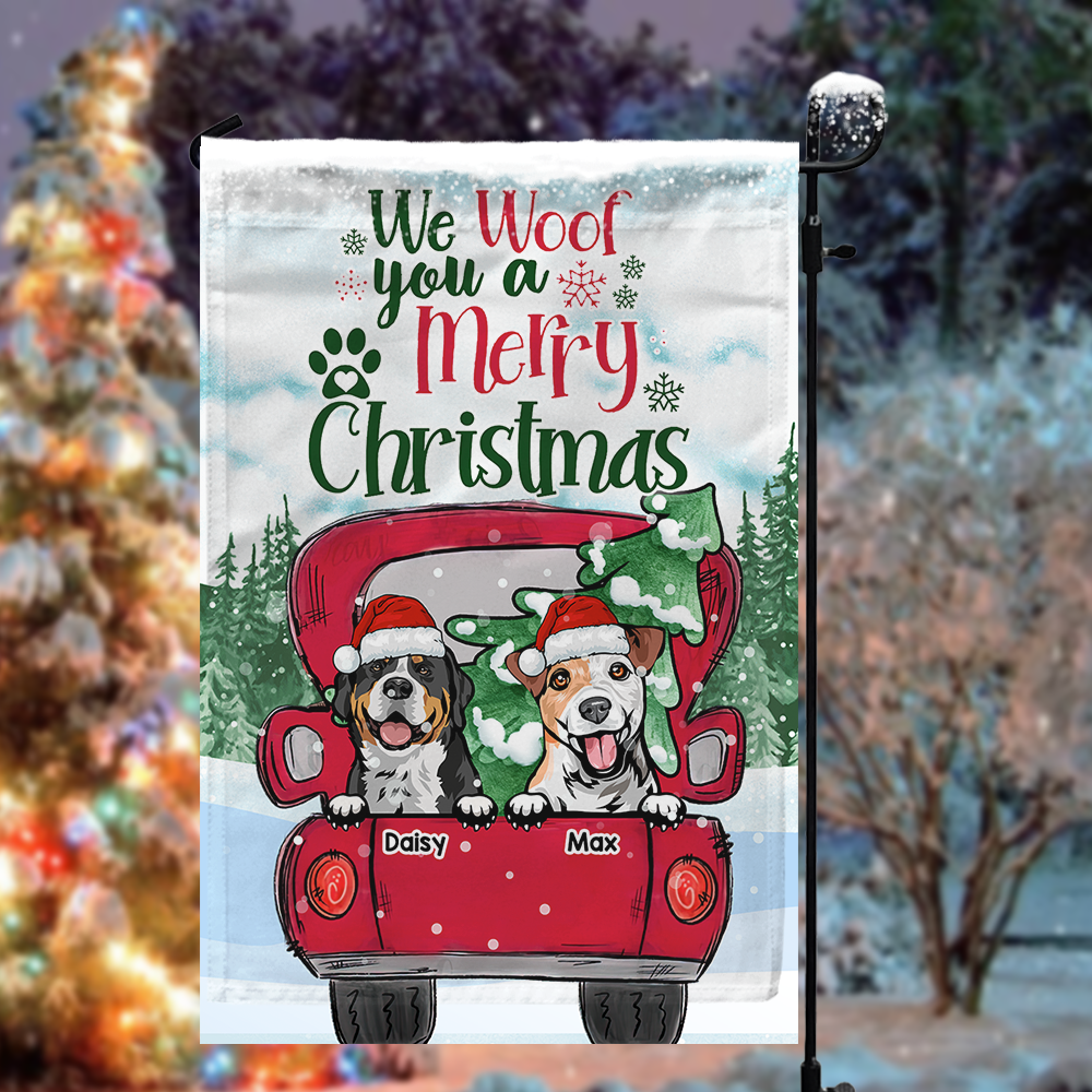 We Woof You A Merry Christmas Red Truck Personalized Dog Flag, Christmas House Decor CHI-YEN