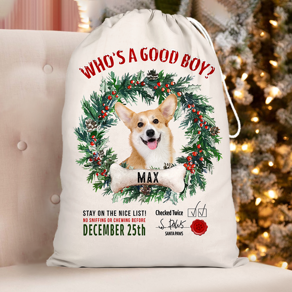 Custom Dog Photo & Bone With Wreath Christmas Bag, Christmas Gift