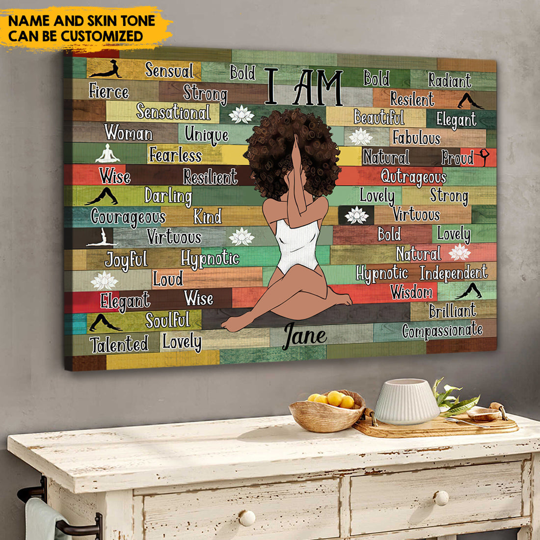 Afro Girl Yoga Vintage - Customized Name And Skintone Canvas