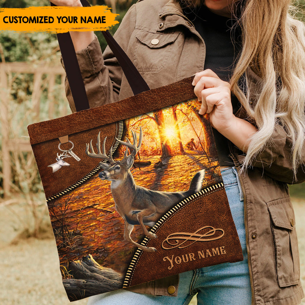 Gone Deer Hunting - Personalized Leather Pattern Printed Tote Bag