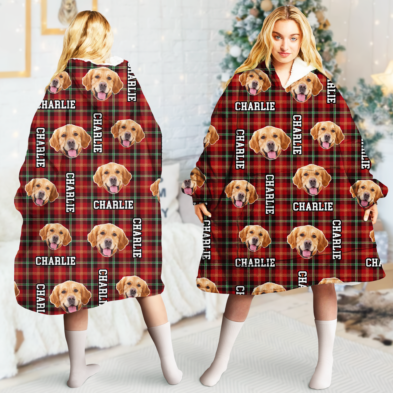 Personalized Blanket Hoodie - Gift For Pet Lovers - Buffalo Plaid Pattern With Photo