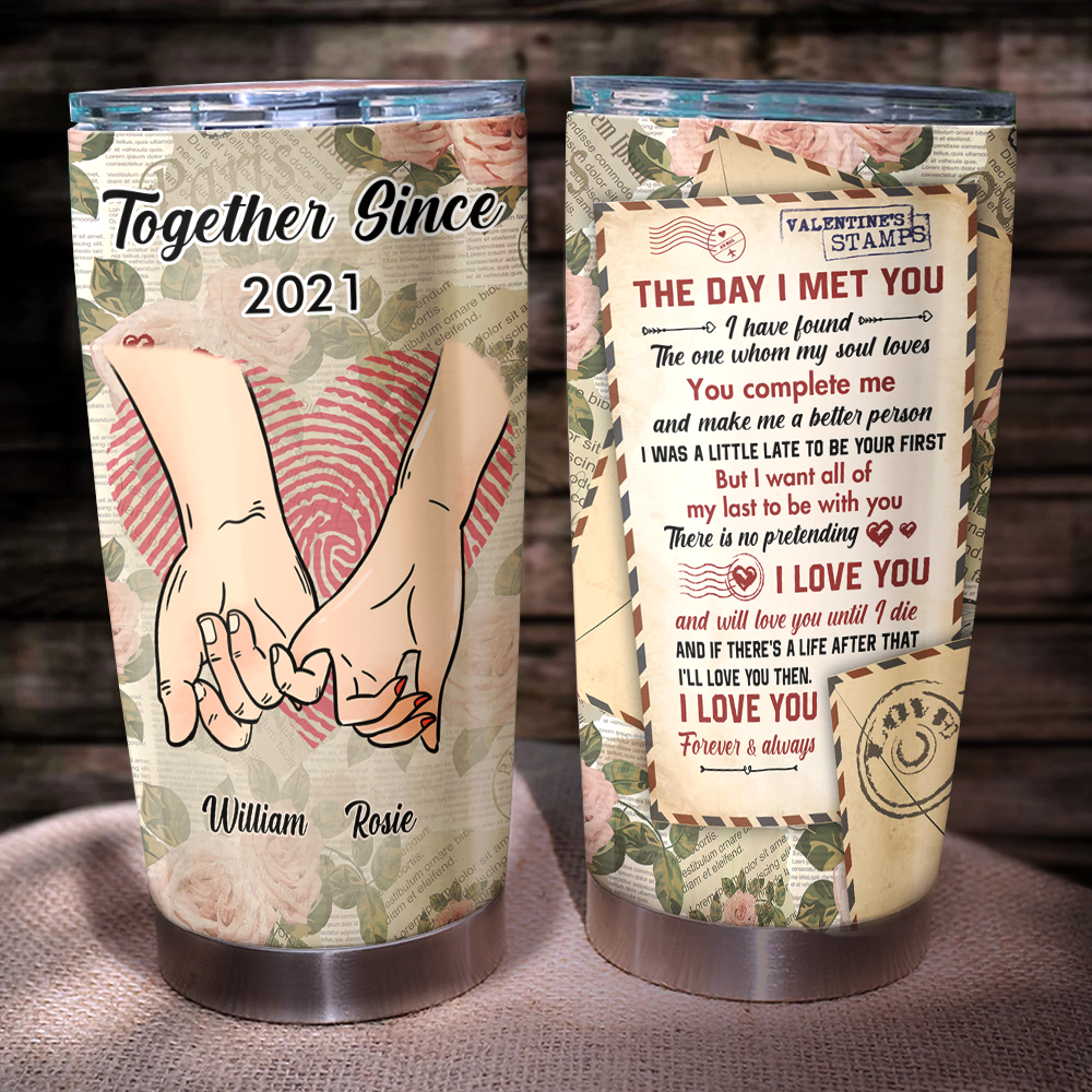 Personalized Hand In Hand Vintage Love Letter Couple Tumbler, Valentine's Day Gift CHI-YEN