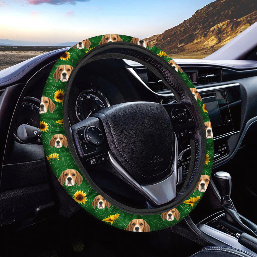 Personalized Dog Cat Face Sunflower Pattern Steering Wheel Cover, Pet Lover Gift JonxiFon