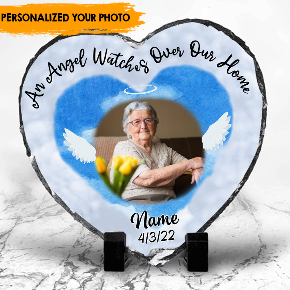 An Angel Watches Over Our Home - Personalized Heart-Shape Photo Slate, Memorial Gift For Loved Ones