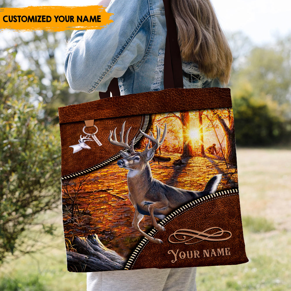 Gone Deer Hunting - Personalized Leather Pattern Printed Tote Bag