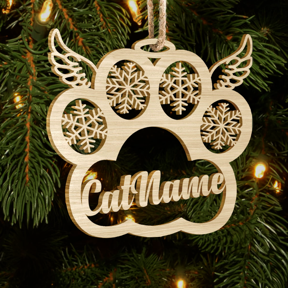 Paw With Name Pet Wood Ornament Cutout, Dog Cat & Angel Wings YHN-VAN