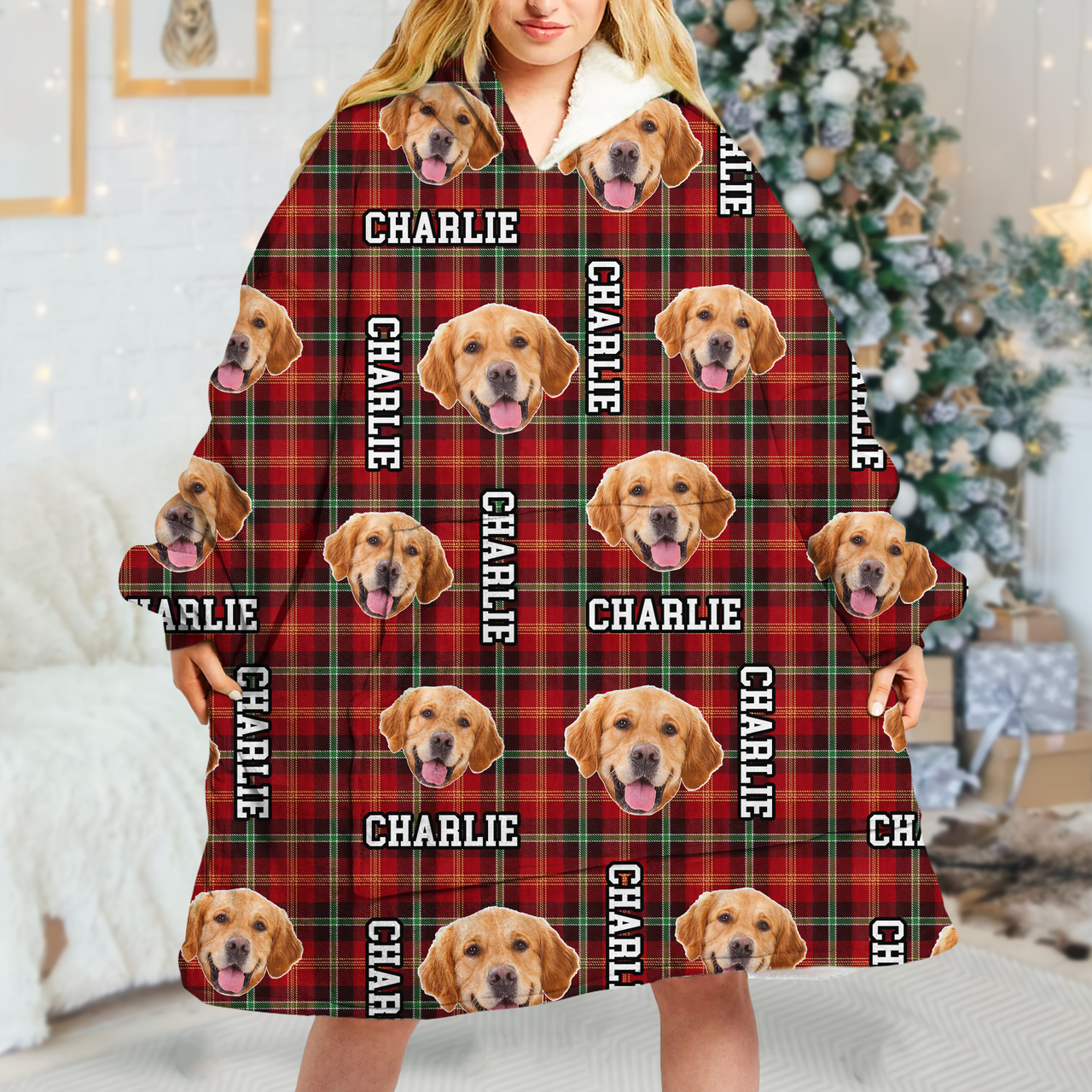 Personalized Blanket Hoodie - Gift For Pet Lovers - Buffalo Plaid Pattern With Photo