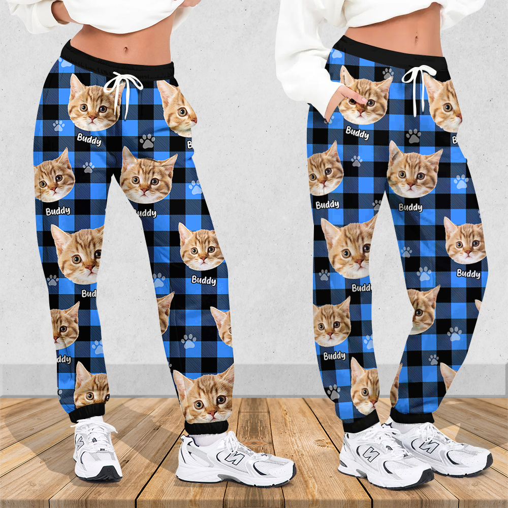 Pet Photo With Name Multicolor Buffalo Plaid Sweatpants, Custom Gift For Men and Women Dung- Yen