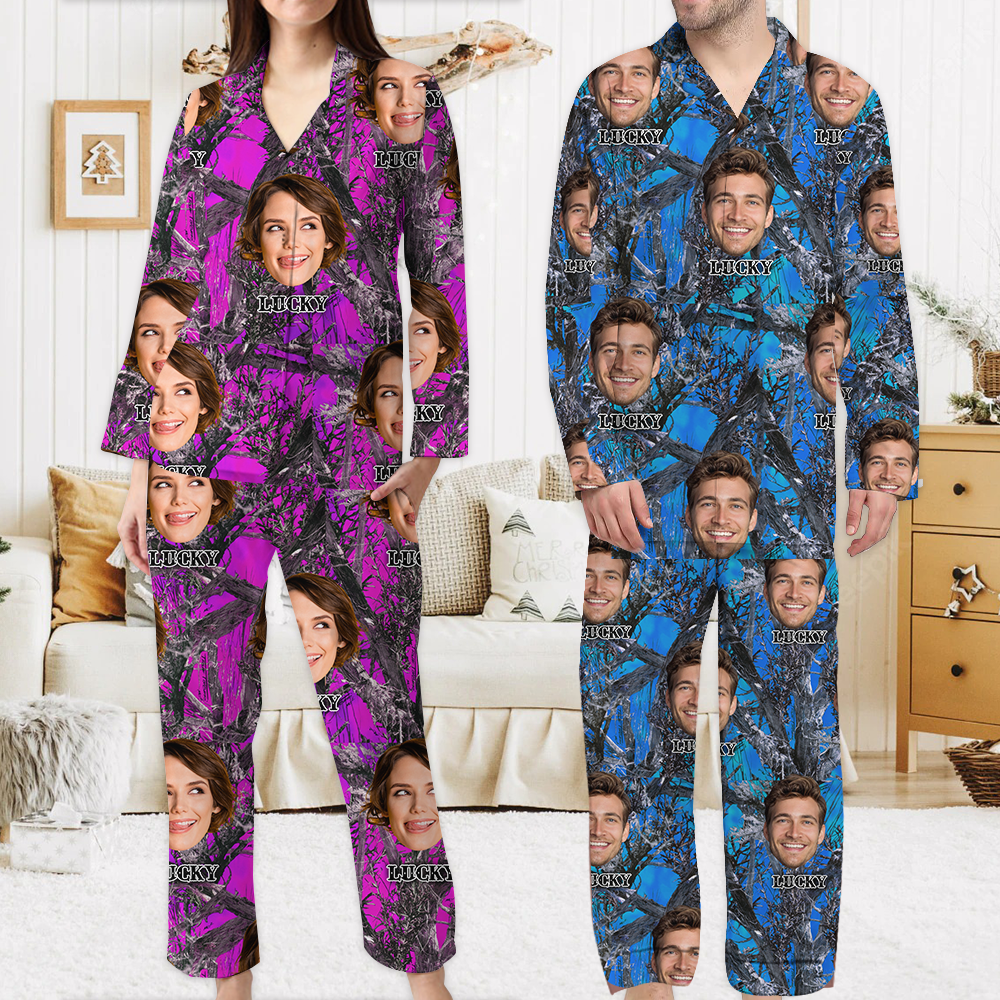 Personalized Custom Face Husband Wife Camo Hunting Pattern Pajamas Set, Funny Gift For Hunting Lover CHI-YEN