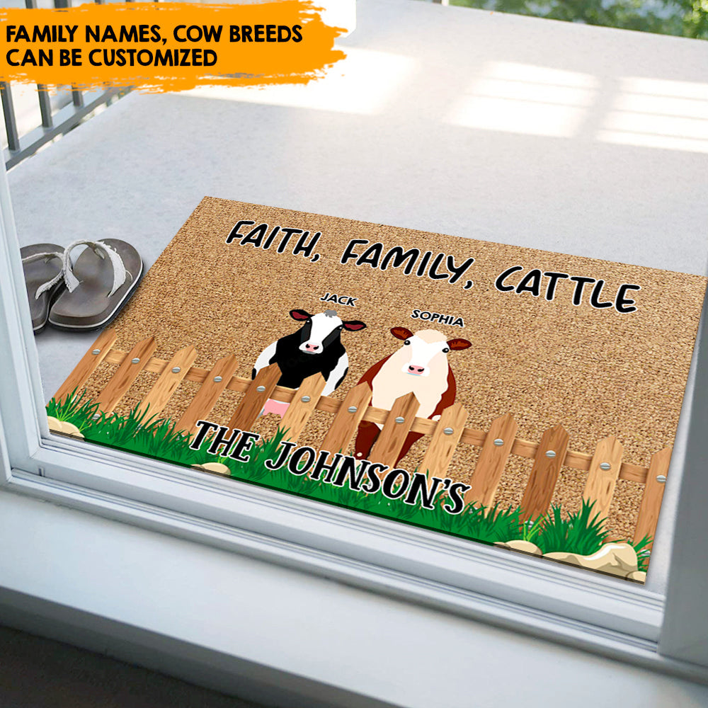 Faith, Family, Cattle - Personalized Doormat, Cow Lovers Gift