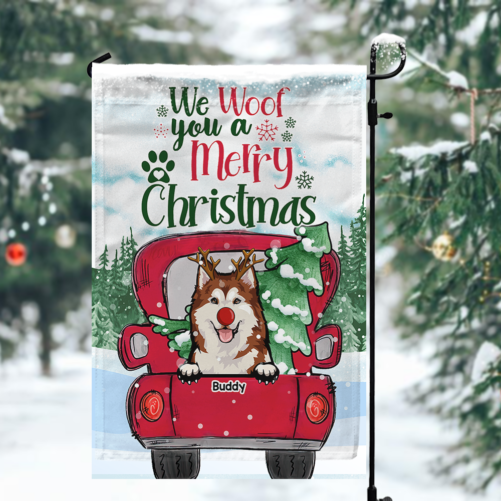 We Woof You A Merry Christmas Red Truck Personalized Dog Flag, Christmas House Decor CHI-YEN