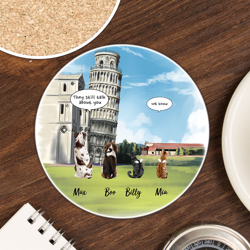 Personalized Pet Memorial Circle Stone Coasters-Dog Cat Loss Gifts-Pet Bereavement Gift-DOG & CAT-Pisa Tower - Jonxifon