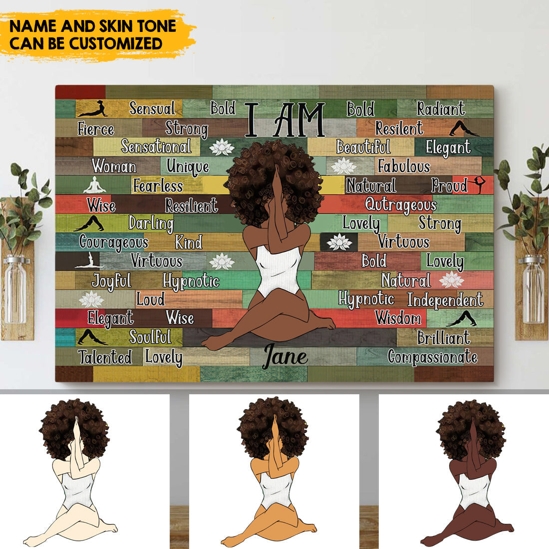 Afro Girl Yoga Vintage - Customized Name And Skintone Canvas