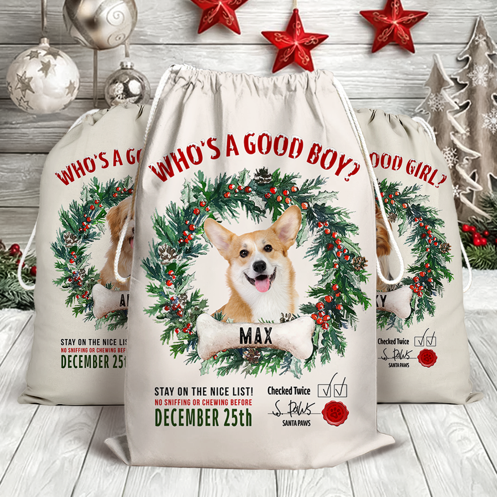 Custom Dog Photo & Bone With Wreath Christmas Bag, Christmas Gift