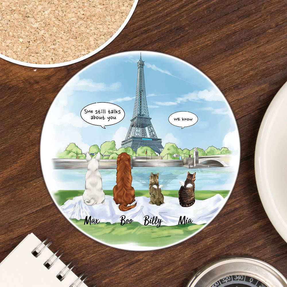 Personalized Pet Memorial Circle Stone Coasters-Dog Cat Loss Gifts-Pet Bereavement Gift-DOG & CAT-Eiffel Tower - Jonxifon