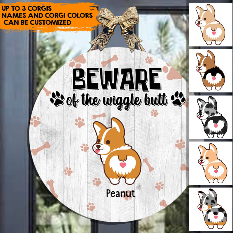 Beware Of The Wiggle Butt - Personalized Wooden Door Sign For Corgi/ Dog Lovers - Jonxifon