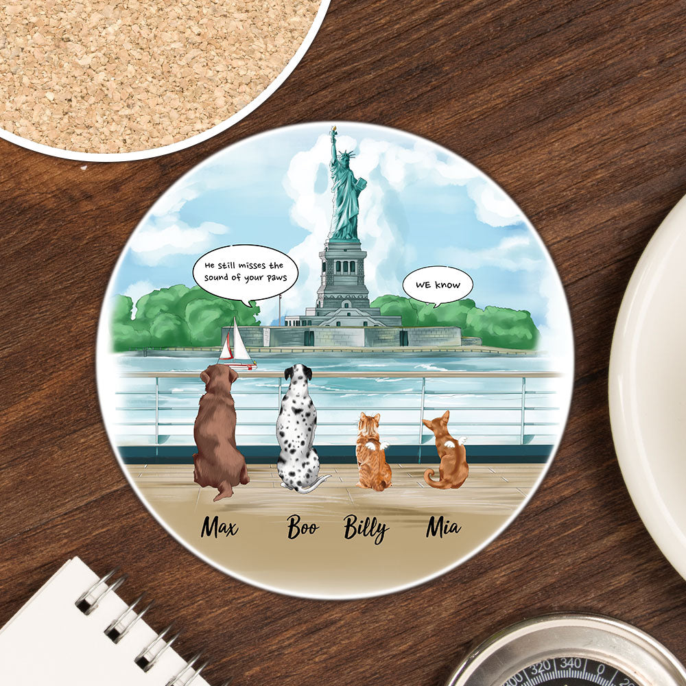 Personalized Pet Memorial Circle Stone Coasters-Dog Cat Loss Gifts-Pet Bereavement Gift-DOG & CAT-Statue of liberty - Jonxifon