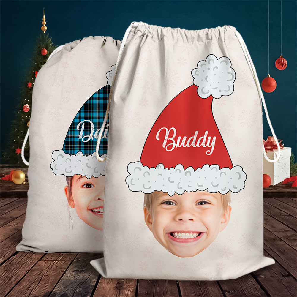 Custom Santa Hat With Name Photo Christmas Bag, Christmas Gift