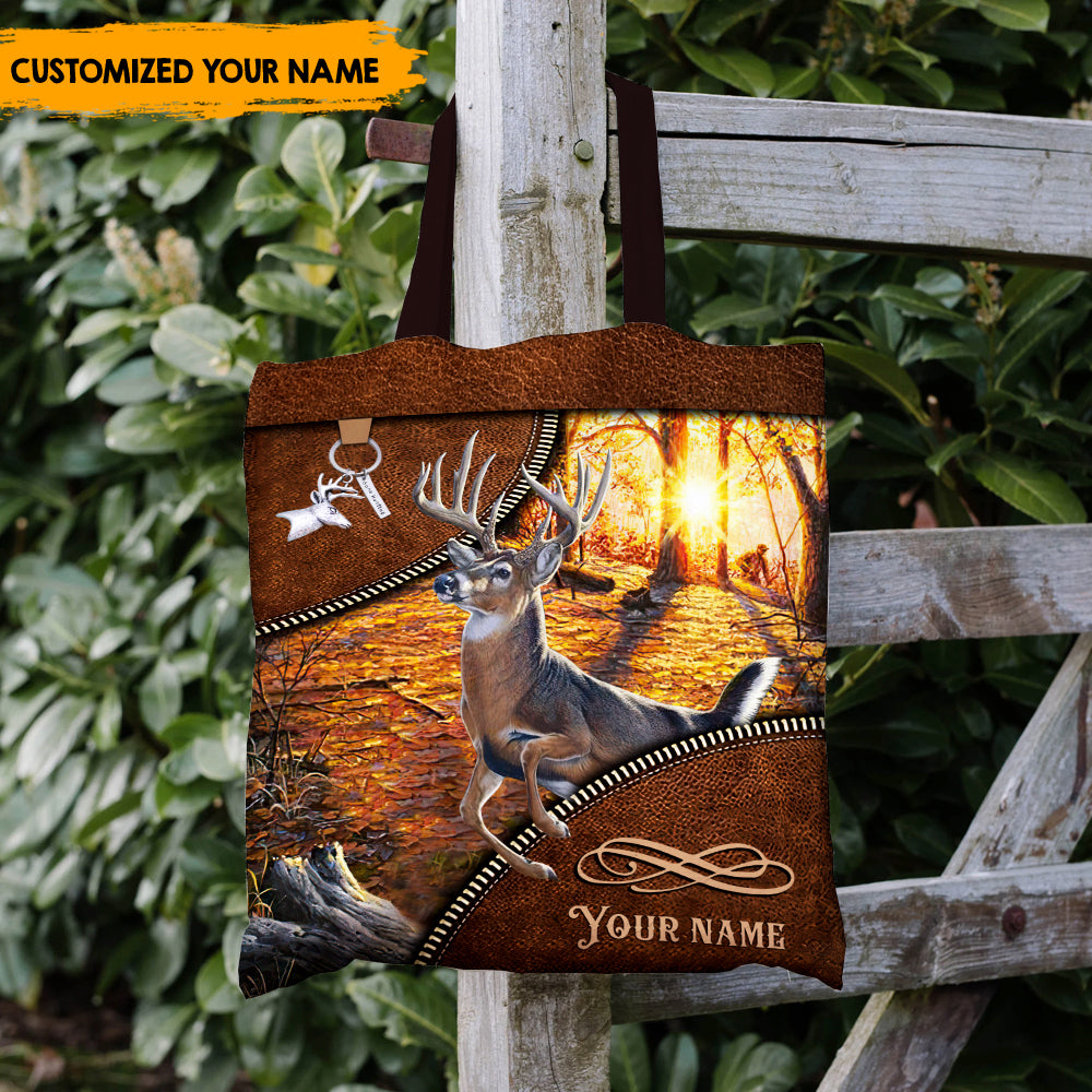 Gone Deer Hunting - Personalized Leather Pattern Printed Tote Bag