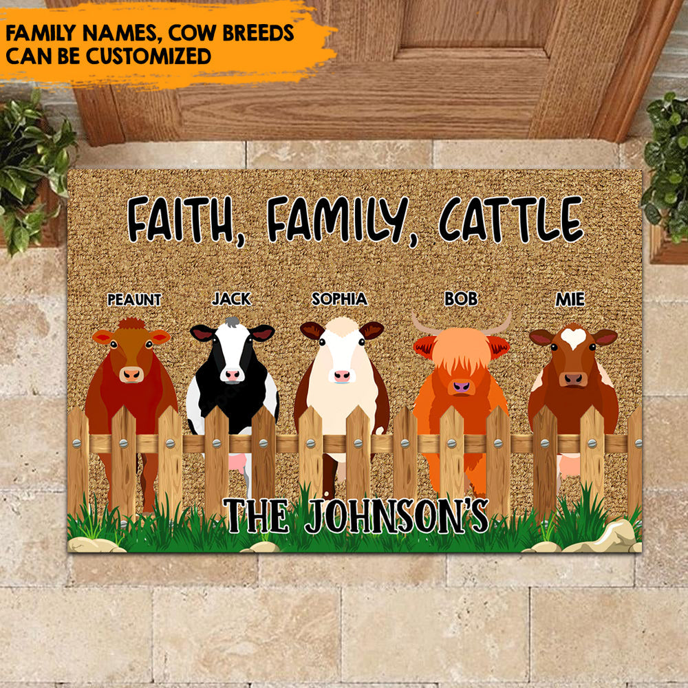 Faith, Family, Cattle - Personalized Doormat, Cow Lovers Gift