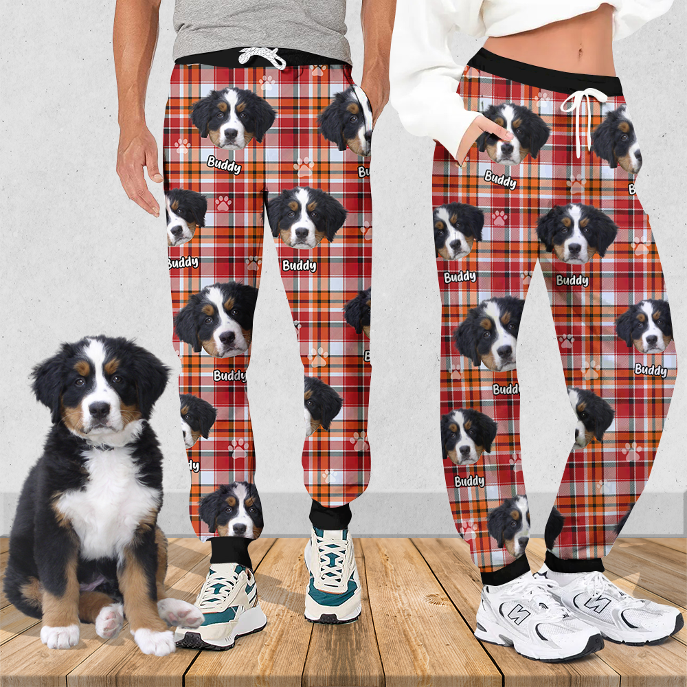 Pet Photo With Name Multicolor Buffalo Plaid Sweatpants, Custom Gift For Men and Women Dung- Yen