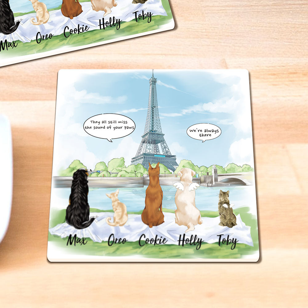 Personalized Pet Memorial Square Stone Coasters-Dog Cat Loss Gifts-Pet Bereavement Gift-DOG & CAT-Eiffel Tower - Jonxifon