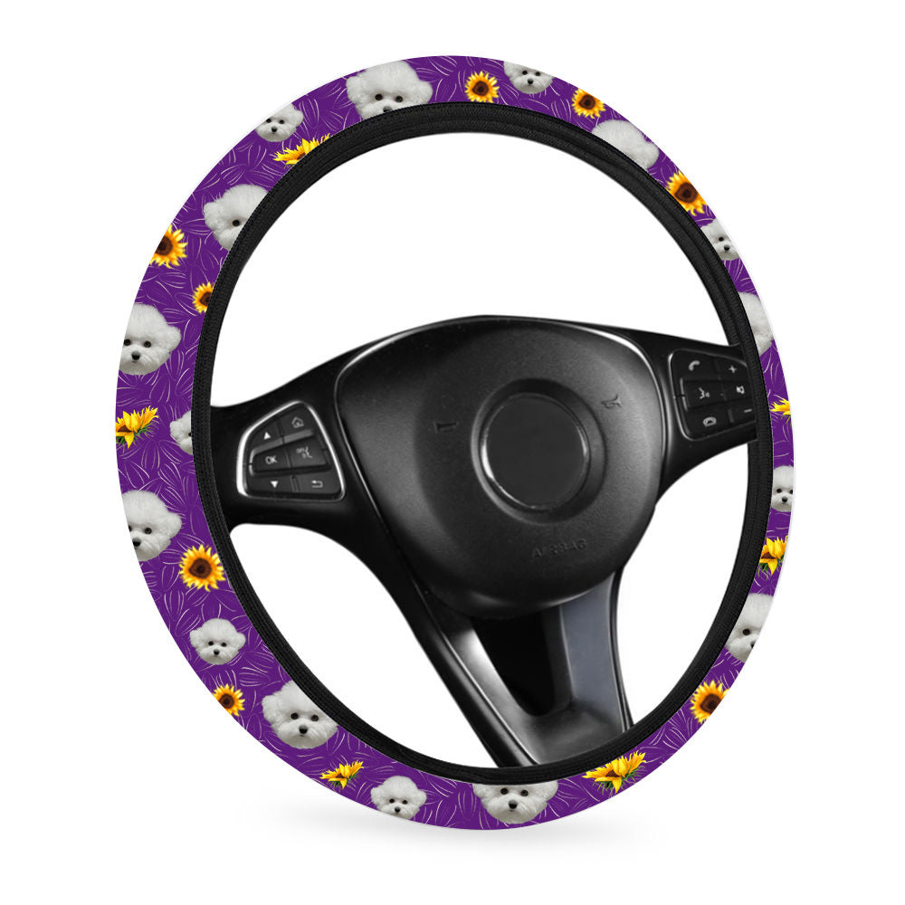 Personalized Dog Cat Face Sunflower Pattern Steering Wheel Cover, Pet Lover Gift JonxiFon