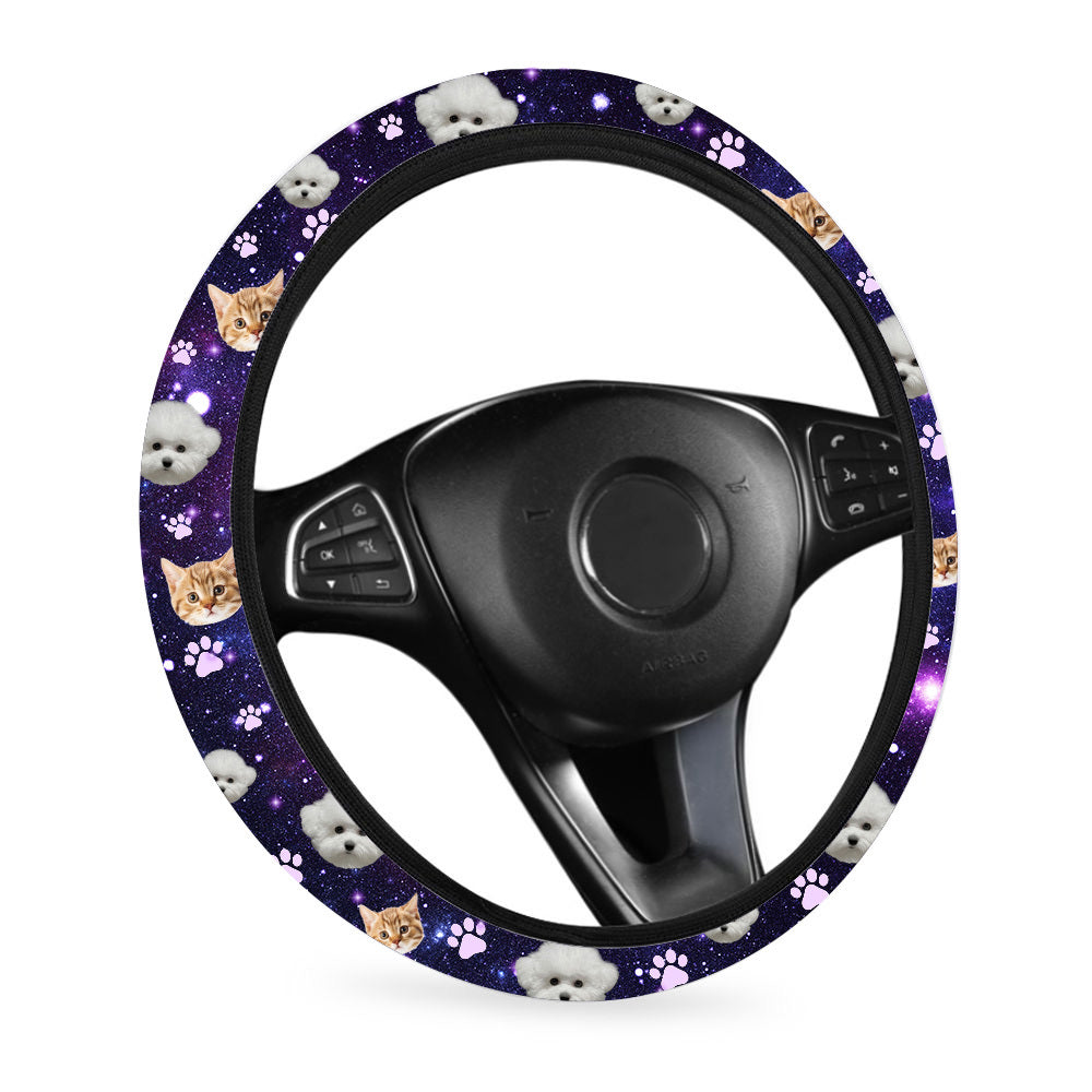 Custom Galaxy Dog Cat Photo Car Steering Wheel Cover, Pet Lover Gift