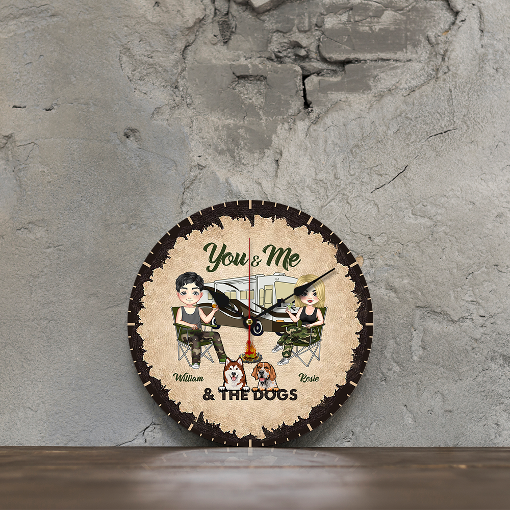 Personalized Camping Couple And The Dogs Wall Wooden Clock, Gift For Dog Lovers CHI-THUY