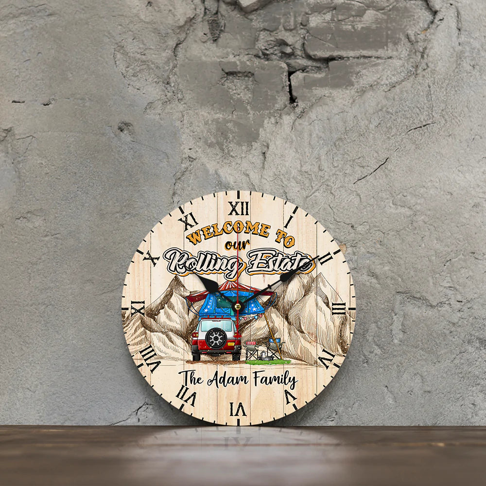 Personalized Welcome To Our Rolling Estate Camping Couple Wall Wooden Clock, Gift For Camping Lovers CHI-YEN